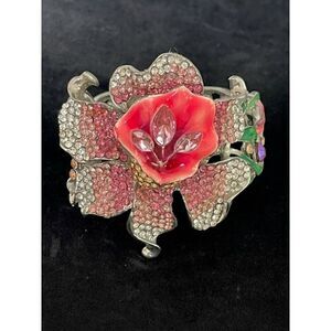 HSN Pink Coral Rhinestone Iris Orchid Bangle Hinged Bracelet